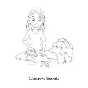Image à colorier d'une jeune femme repassant du linge sur une table à repasser