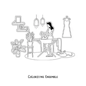 Image à colorier de la silhouette d'une femme repassant du linge à la maison