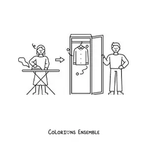 Image à colorier d'une femme repassant du linge à ranger dans l'armoire