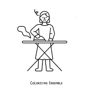 Image à colorier d'une femme repassant du linge sur une table à repasser