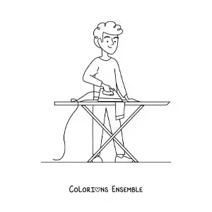 Image à colorier d'un jeune garçon repassant du linge sur une table à repasser
