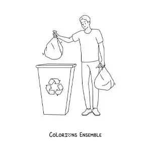 Image à colorier d'un garçon portant des sacs poubelle vers un bac de recyclage