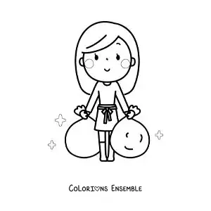Image à colorier d'une fille sortant les poubelles