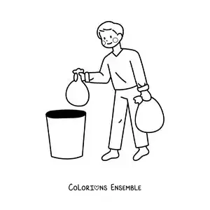 Image à colorier d'un homme sortant les poubelles à la maison