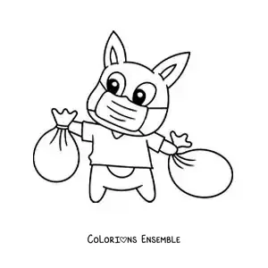 Image à colorier d'un petit cochon animé sortant les poubelles