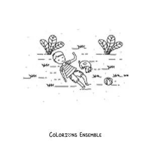 Image à colorier d'un garçon allongé dans l'herbe à côté d'un chien dans un jardin