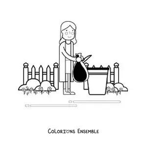 Image à colorier d'une femme jetant un sac poubelle dans le conteneur