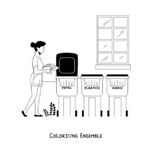 Image à colorier d'une fille apportant des déchets au bac de recyclage