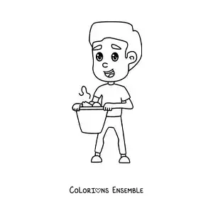 Image à colorier d'un garçon avec une poubelle