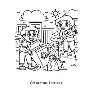 Image à colorier de deux enfants balayant la cour et sortant les poubelles