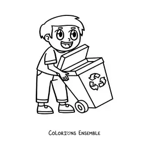 Image à colorier d'un garçon portant un bac de recyclage