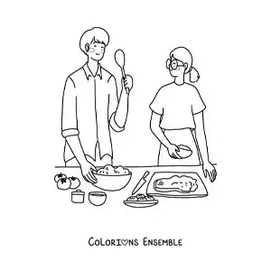 Image à colorier d'un couple cuisinant ensemble