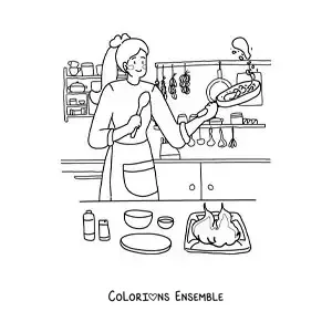 Image à colorier d'une femme cuisinant à la maison