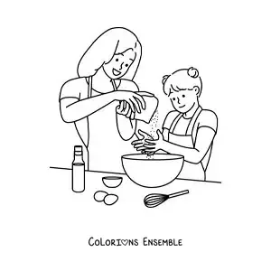 Image à colorier d'une mère cuisinant avec sa fille