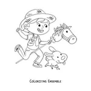 Image à colorier d'un garçon qui joue déguisé en cow-boy