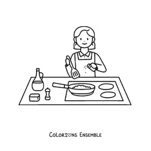 Image à colorier d'une fille cuisinant dans une poêle