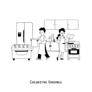 Image à colorier de maman et papa cuisinant à la maison