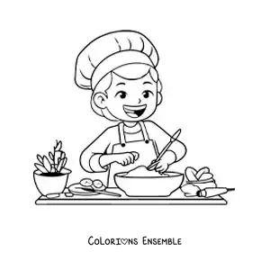Image à colorier d'une petite fille cuisinant avec une toque de chef