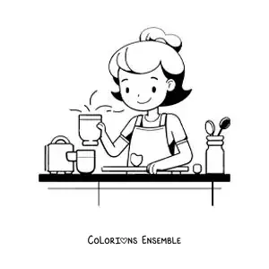 Image à colorier d'une petite fille cuisinant à la maison