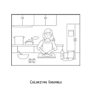 Image à colorier d'une mère cuisinant dans la cuisine