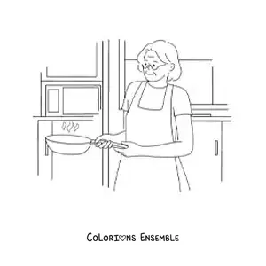 Image à colorier d'une grand-mère cuisinant dans une poêle dans la cuisine