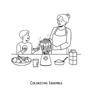 Image à colorier d'une maman et de son fils préparant un smoothie au mixeur