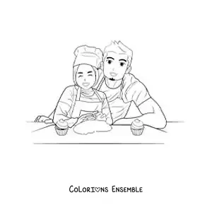 Image à colorier d'un papa et de sa fille portant un hijab préparant des desserts