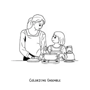Image à colorier d'une fille aidant sa mère à cuisiner
