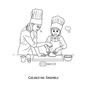 Image à colorier d'une mère aidant sa fille à préparer un dessert