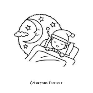 Image à colorier d'un garçon qui dort avec la Lune qui sourit
