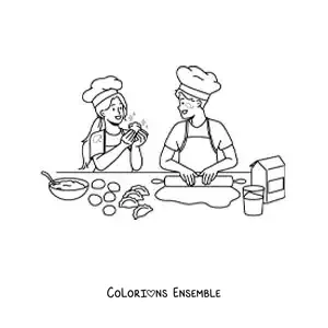 Image à colorier d'un couple préparant des empanadas