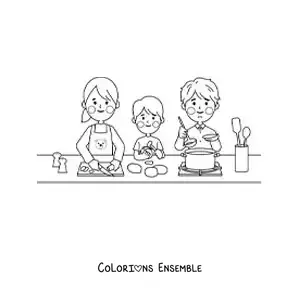 Image à colorier d'une famille kawaii cuisinant à la maison