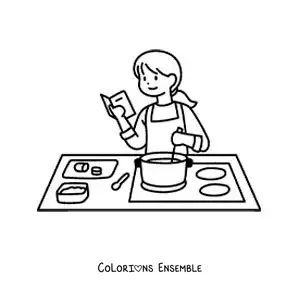 Image à colorier d'une femme suivant une recette de cuisine