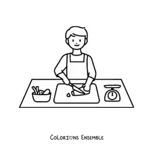 Image à colorier d'un homme coupant des légumes dans la cuisine