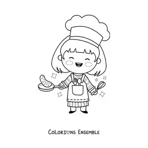 Image à colorier d'une fille kawaii préparant une omelette