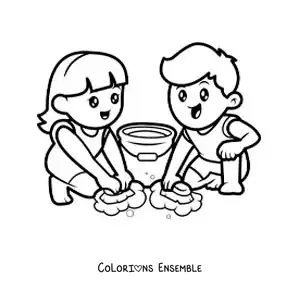 Image à colorier de deux enfants kawaii lavant le sol à la maison