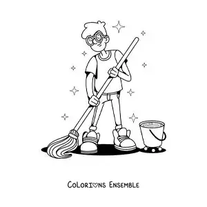 Image à colorier d'un garçon passant la serpillière à la maison