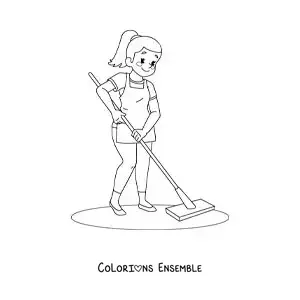 Image à colorier d'une mère nettoyant le sol avec une serpillière