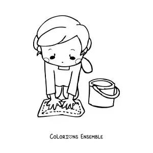 Image à colorier d'une femme nettoyant le sol