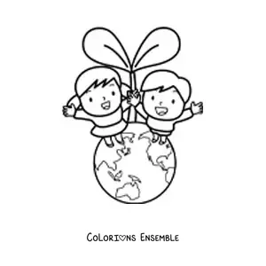 Image à colorier de deux enfants qui prennent soin de la planète