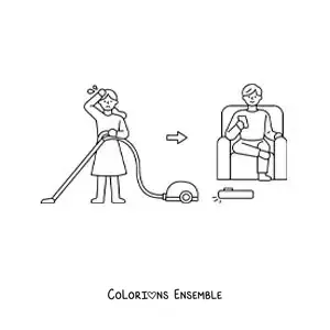 Image à colorier d'une femme passant l'aspirateur dans la maison face à un homme avec un robot aspirateur