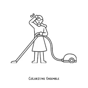 Image à colorier d'une femme épuisée d'avoir passé l'aspirateur sur le sol