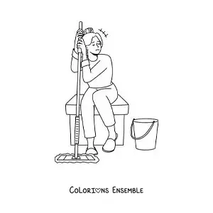 Image à colorier d'une fille épuisée d'avoir lavé le sol à la serpillière
