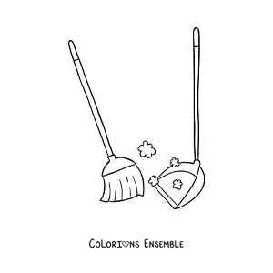 Image à colorier d'un balai balayant la poussière et d'une pelle