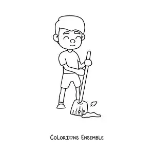 Image à colorier d'un garçon aidant à balayer à la maison