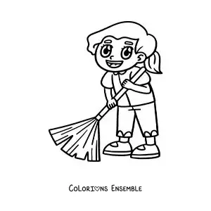 Image à colorier d'une fille kawaii aidant à balayer à la maison