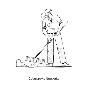 Image à colorier d'un grand-père balayant le sol à la maison