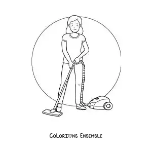 Image à colorier d'une mère passant l'aspirateur à la maison