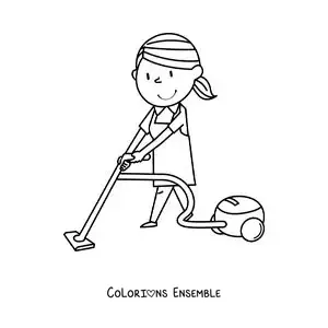 Image à colorier d'une femme animée passant l'aspirateur sur le sol