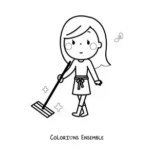 Image à colorier d'une femme kawaii nettoyant le sol avec une serpillière